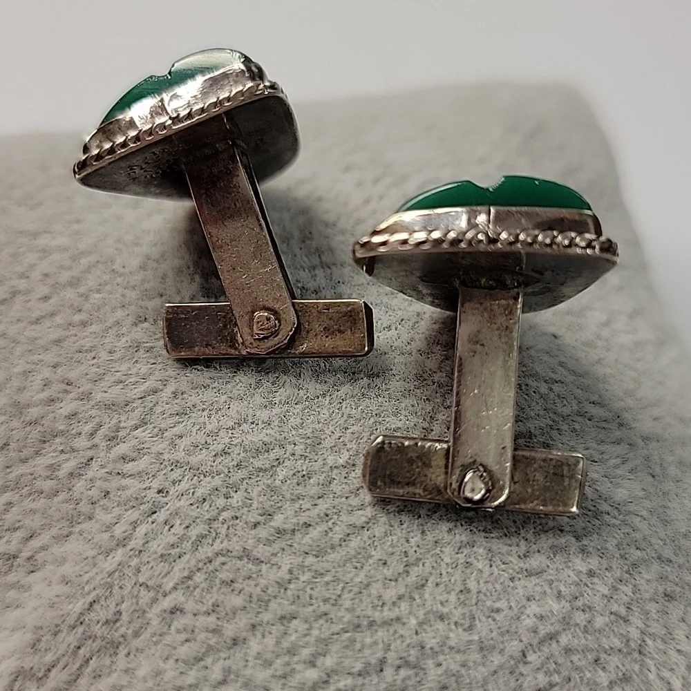 Mayan Warrior cufflinks Green carved Mexico 925 stamped vintage